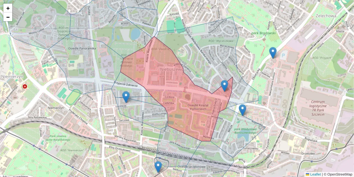 Szczegółowa mapa kodu pocztowego 71-670 z granicami, sąsiednimi kodami pocztowymi i urzędami pocztowymi