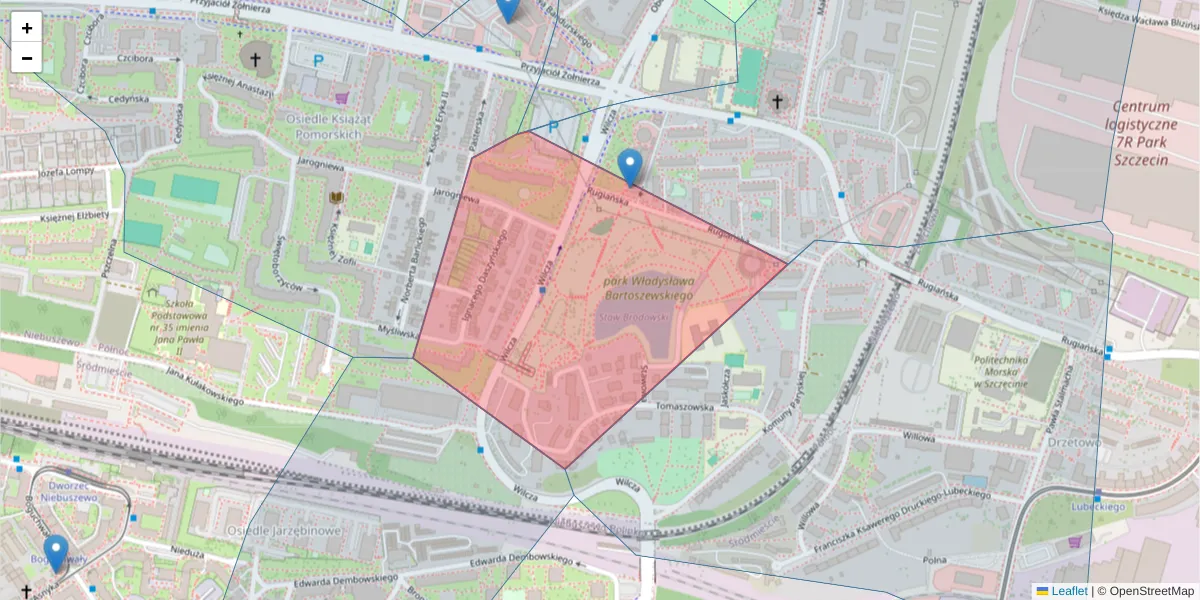 Szczegółowa mapa kodu pocztowego 71-681 z granicami, sąsiednimi kodami pocztowymi i urzędami pocztowymi