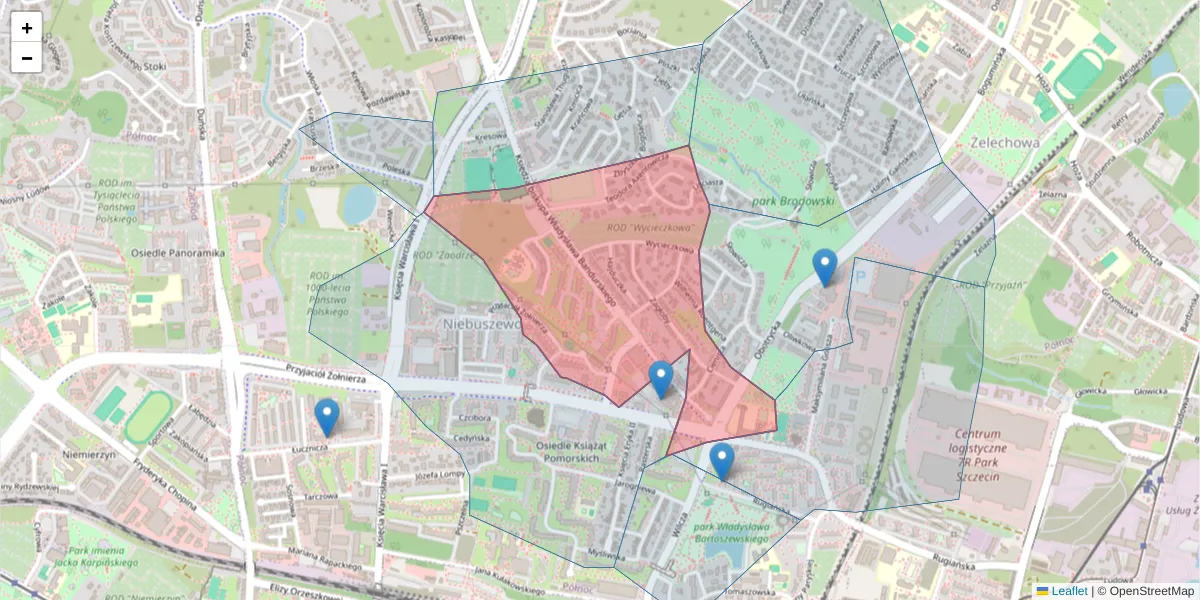 Szczegółowa mapa kodu pocztowego 71-685 z granicami, sąsiednimi kodami pocztowymi i urzędami pocztowymi