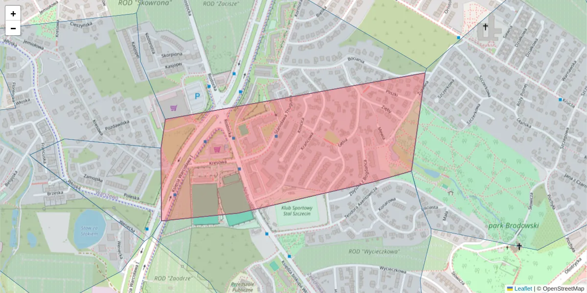 Szczegółowa mapa kodu pocztowego 71-693 z granicami, sąsiednimi kodami pocztowymi i urzędami pocztowymi