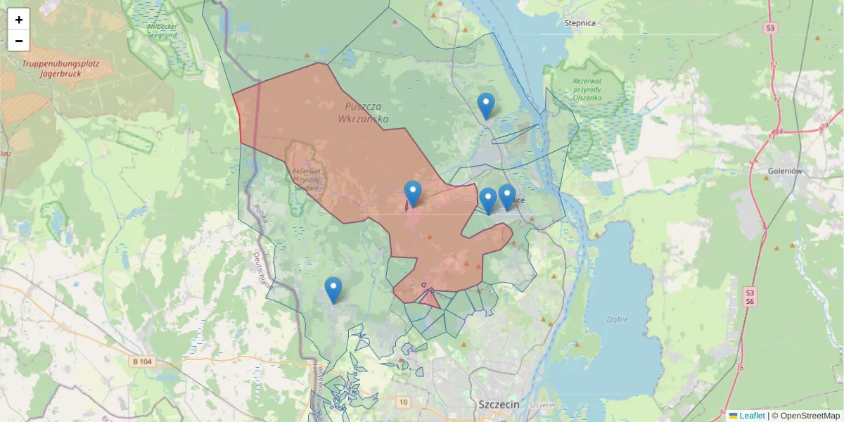 Szczegółowa mapa kodu pocztowego 72-004 z granicami, sąsiednimi kodami pocztowymi i urzędami pocztowymi