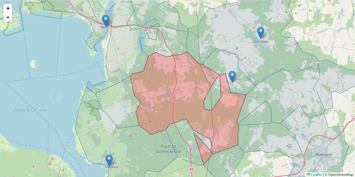 Szczegółowa mapa kodu pocztowego 72-110 z granicami, sąsiednimi kodami pocztowymi i urzędami pocztowymi