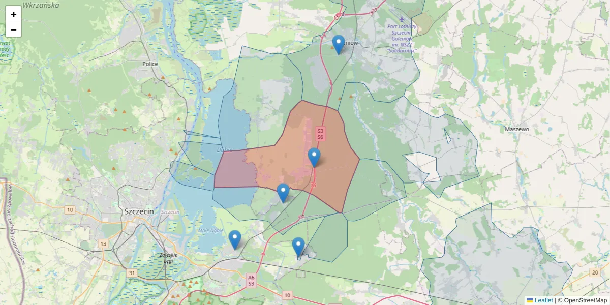 Szczegółowa mapa kodu pocztowego 72-123 z granicami, sąsiednimi kodami pocztowymi i urzędami pocztowymi
