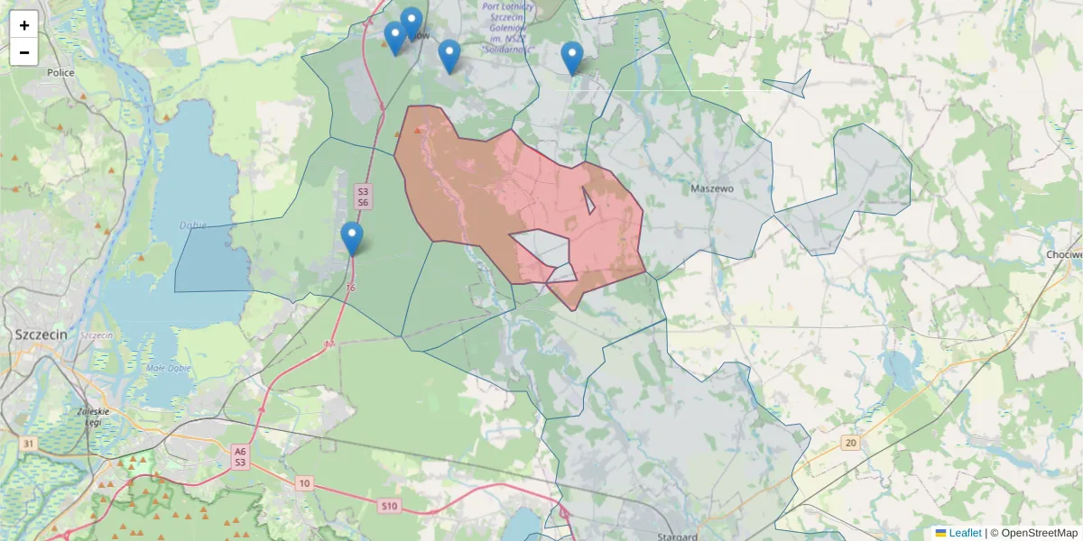 Szczegółowa mapa kodu pocztowego 72-131 z granicami, sąsiednimi kodami pocztowymi i urzędami pocztowymi