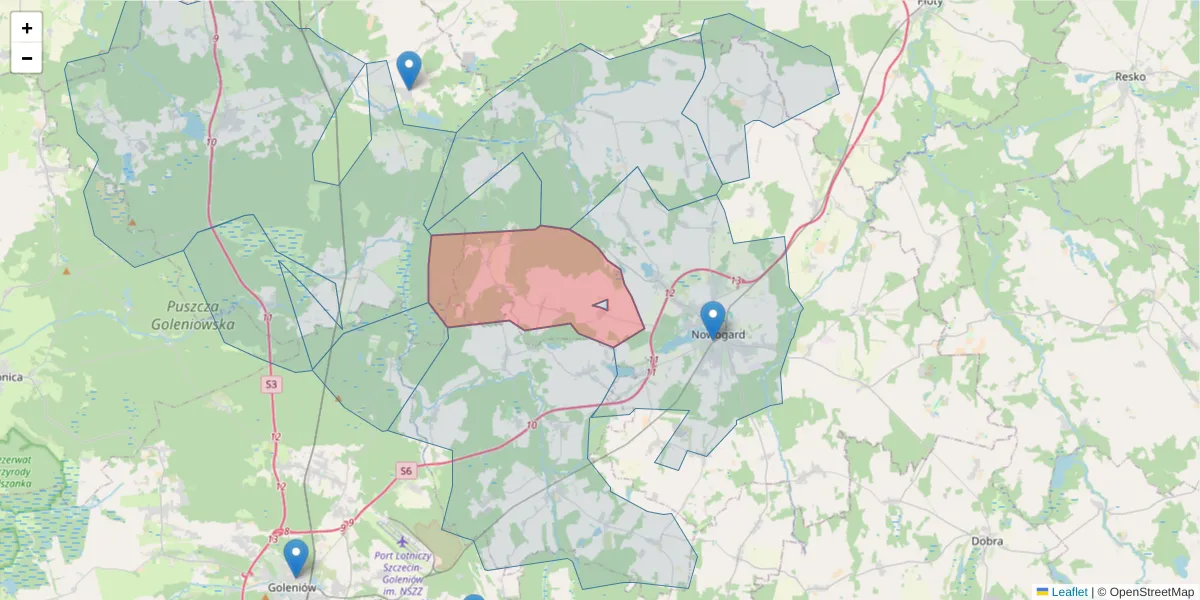 Szczegółowa mapa kodu pocztowego 72-204 z granicami, sąsiednimi kodami pocztowymi i urzędami pocztowymi