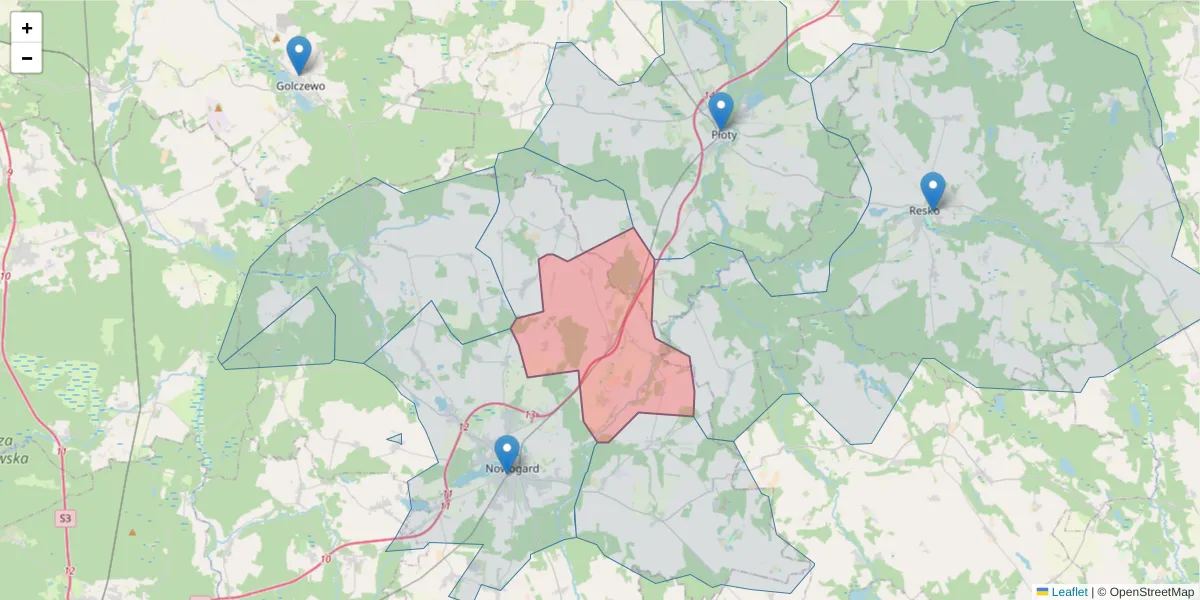 Szczegółowa mapa kodu pocztowego 72-207 z granicami, sąsiednimi kodami pocztowymi i urzędami pocztowymi