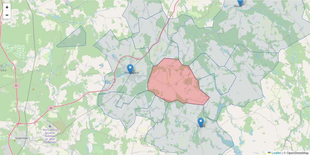 Szczegółowa mapa kodu pocztowego 72-209 z granicami, sąsiednimi kodami pocztowymi i urzędami pocztowymi
