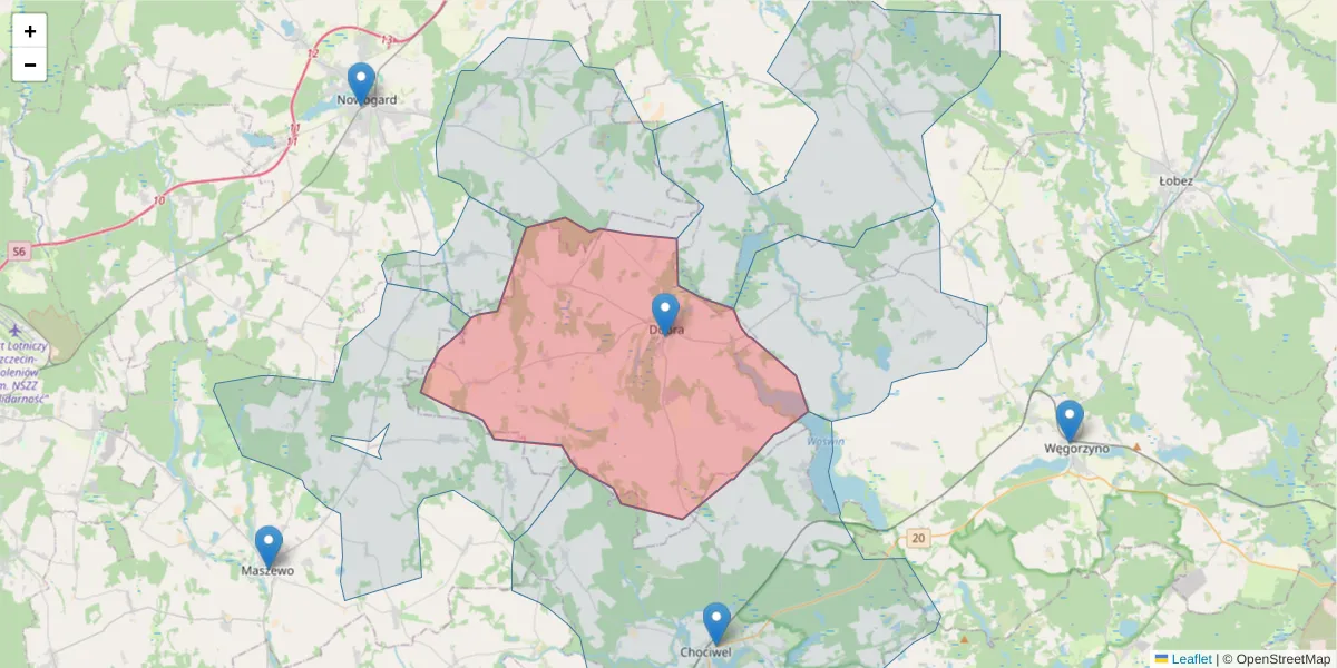 Szczegółowa mapa kodu pocztowego 72-210 z granicami, sąsiednimi kodami pocztowymi i urzędami pocztowymi