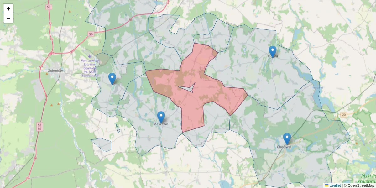 Szczegółowa mapa kodu pocztowego 72-212 z granicami, sąsiednimi kodami pocztowymi i urzędami pocztowymi