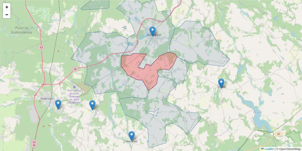 Szczegółowa mapa kodu pocztowego 72-220 z granicami, sąsiednimi kodami pocztowymi i urzędami pocztowymi