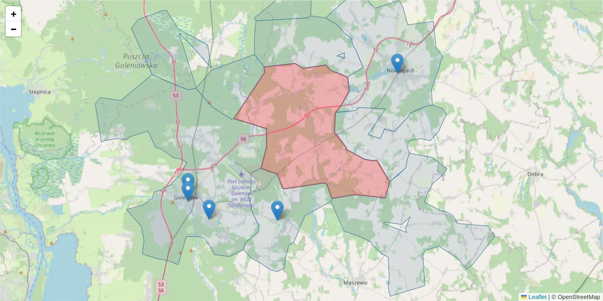 Szczegółowa mapa kodu pocztowego 72-221 z granicami, sąsiednimi kodami pocztowymi i urzędami pocztowymi