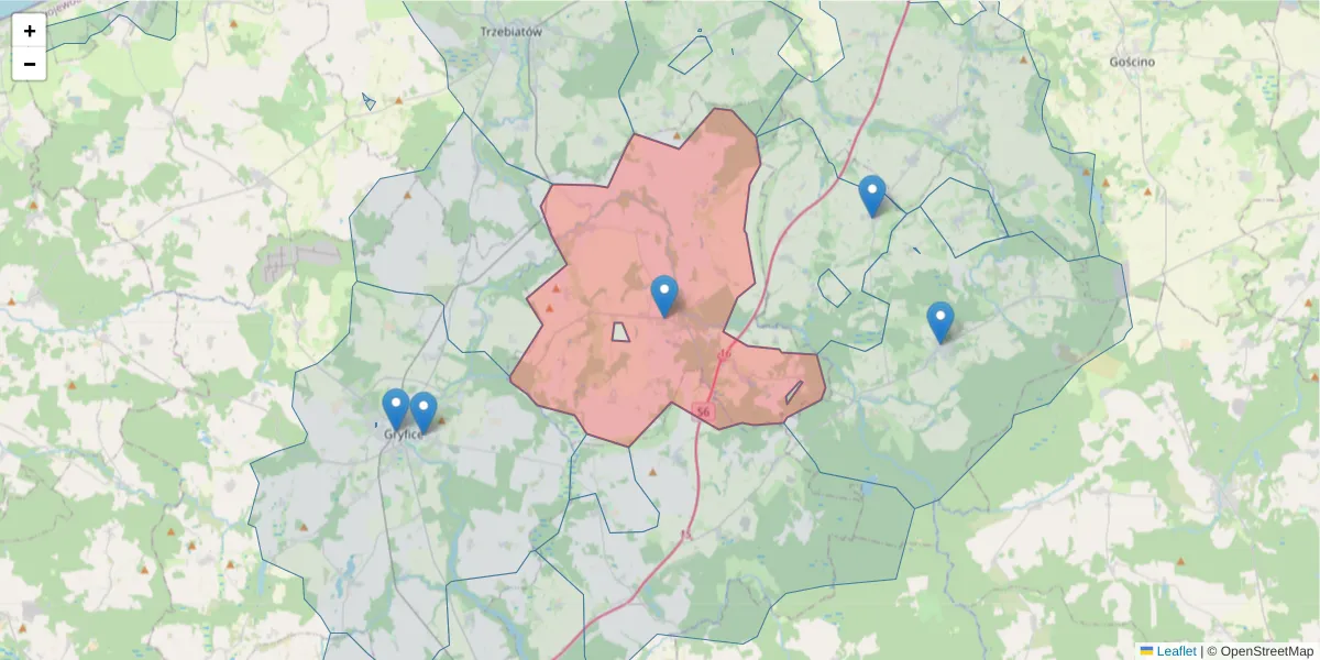 Szczegółowa mapa kodu pocztowego 72-304 z granicami, sąsiednimi kodami pocztowymi i urzędami pocztowymi