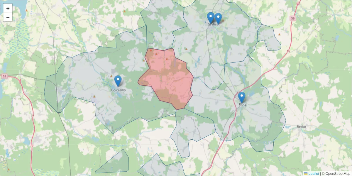 Szczegółowa mapa kodu pocztowego 72-306 z granicami, sąsiednimi kodami pocztowymi i urzędami pocztowymi