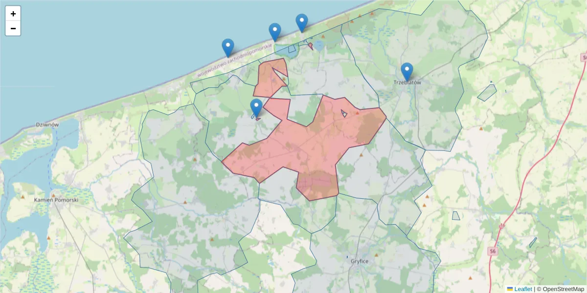 Szczegółowa mapa kodu pocztowego 72-342 z granicami, sąsiednimi kodami pocztowymi i urzędami pocztowymi