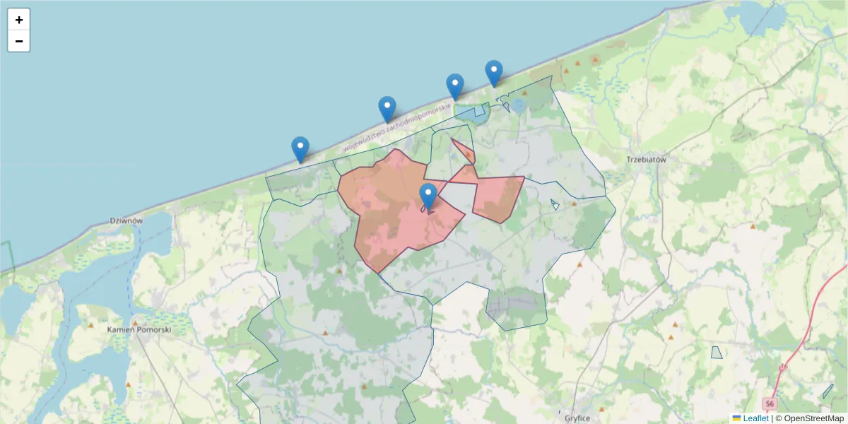 Szczegółowa mapa kodu pocztowego 72-343 z granicami, sąsiednimi kodami pocztowymi i urzędami pocztowymi