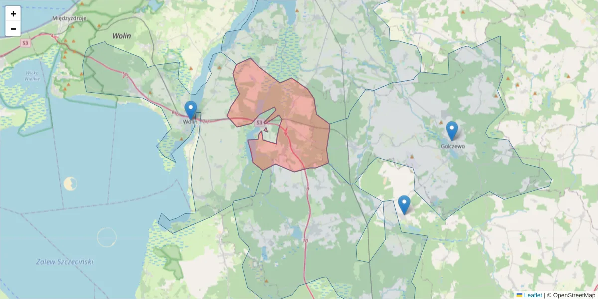 Szczegółowa mapa kodu pocztowego 72-511 z granicami, sąsiednimi kodami pocztowymi i urzędami pocztowymi