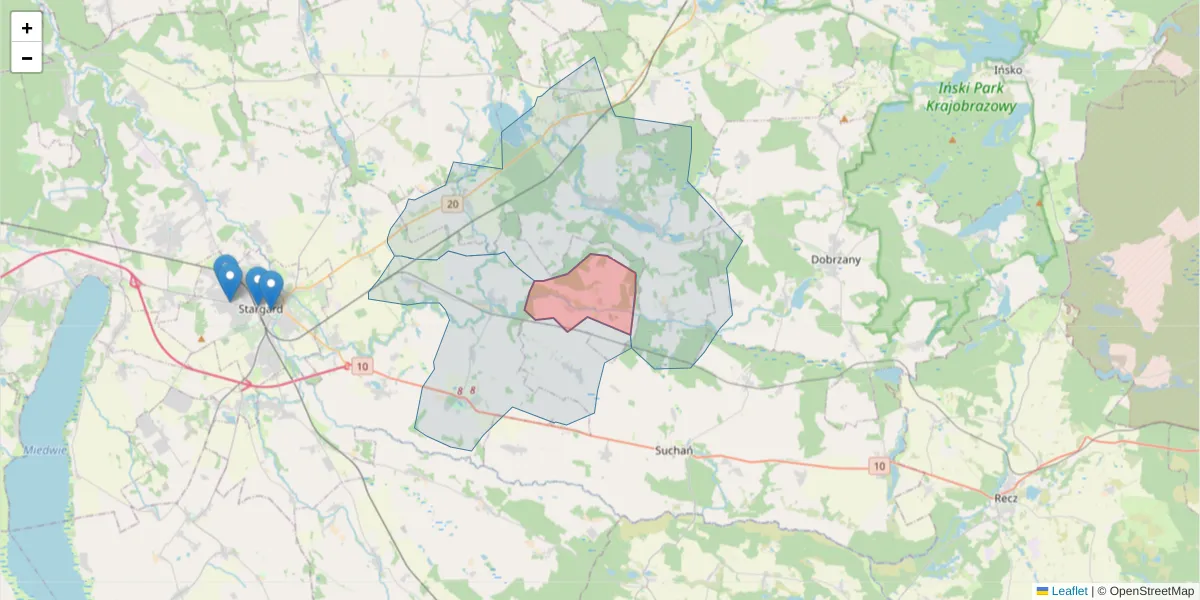 Szczegółowa mapa kodu pocztowego 73-134 z granicami, sąsiednimi kodami pocztowymi i urzędami pocztowymi