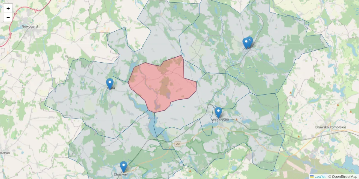 Szczegółowa mapa kodu pocztowego 73-152 z granicami, sąsiednimi kodami pocztowymi i urzędami pocztowymi