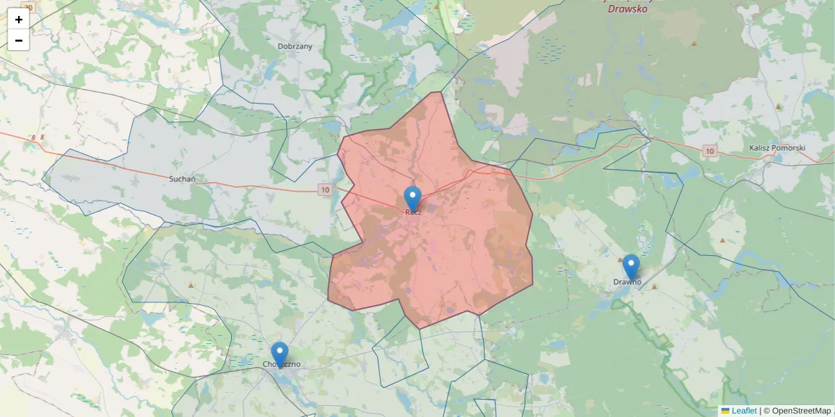 Szczegółowa mapa kodu pocztowego 73-210 z granicami, sąsiednimi kodami pocztowymi i urzędami pocztowymi