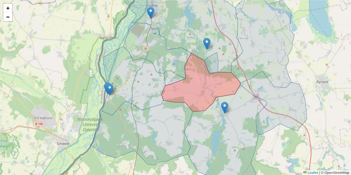 Szczegółowa mapa kodu pocztowego 74-111 z granicami, sąsiednimi kodami pocztowymi i urzędami pocztowymi