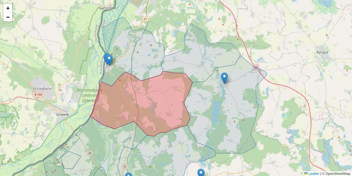 Szczegółowa mapa kodu pocztowego 74-121 z granicami, sąsiednimi kodami pocztowymi i urzędami pocztowymi