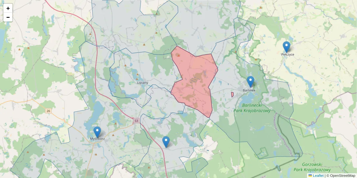 Szczegółowa mapa kodu pocztowego 74-322 z granicami, sąsiednimi kodami pocztowymi i urzędami pocztowymi