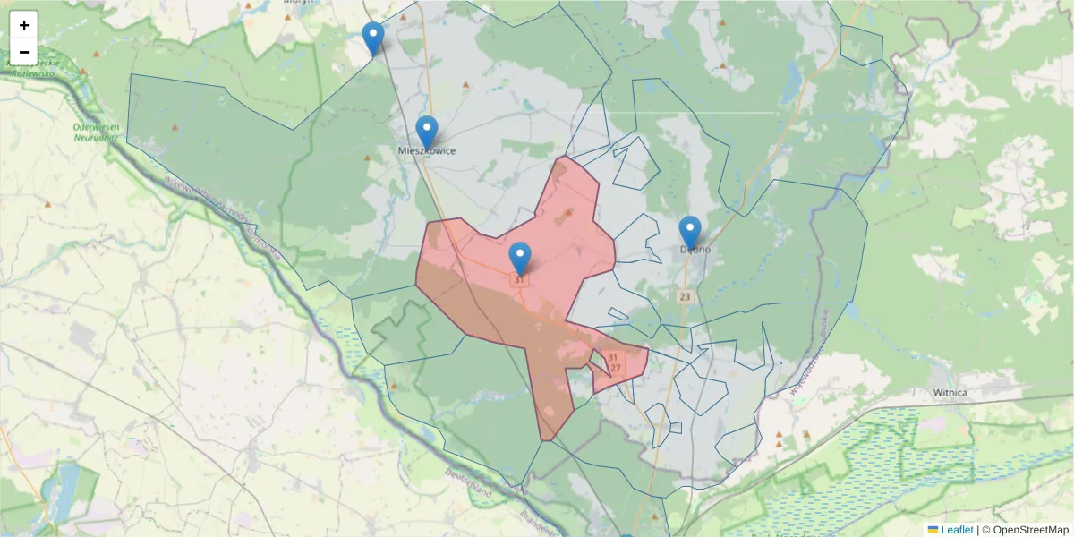 Szczegółowa mapa kodu pocztowego 74-407 z granicami, sąsiednimi kodami pocztowymi i urzędami pocztowymi