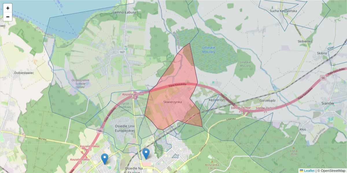 Szczegółowa mapa kodu pocztowego 75-016 z granicami, sąsiednimi kodami pocztowymi i urzędami pocztowymi