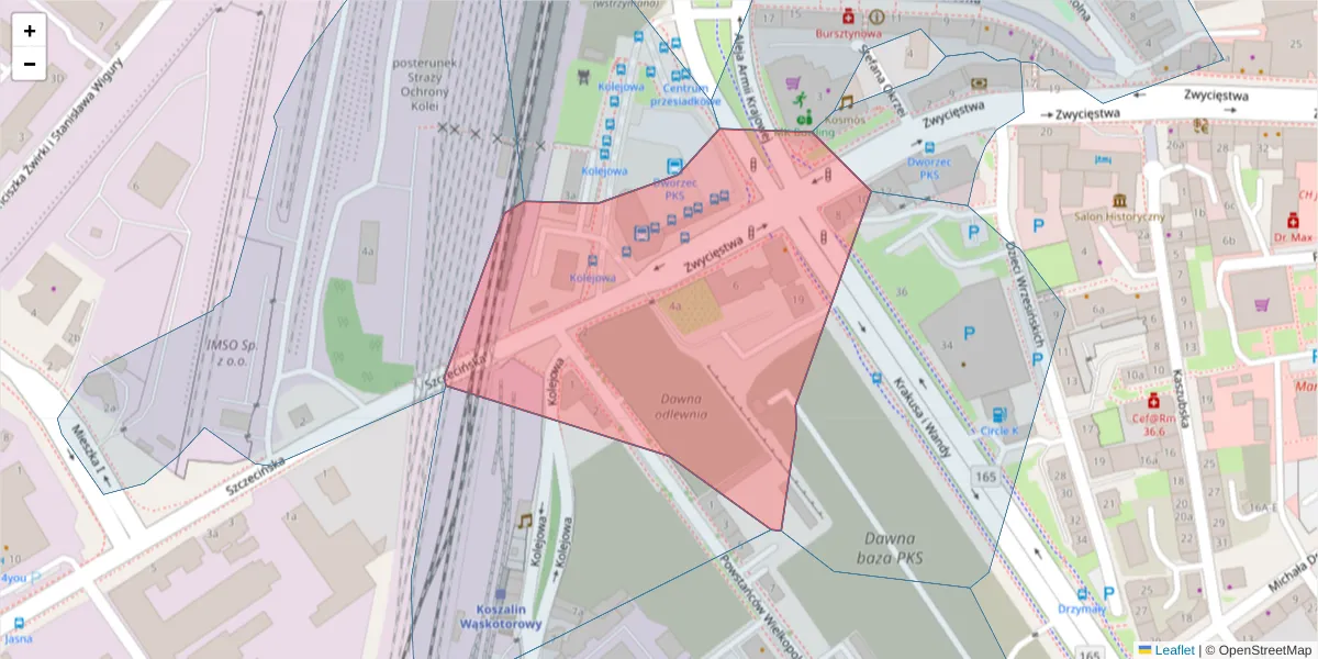 Szczegółowa mapa kodu pocztowego 75-031 z granicami, sąsiednimi kodami pocztowymi i urzędami pocztowymi