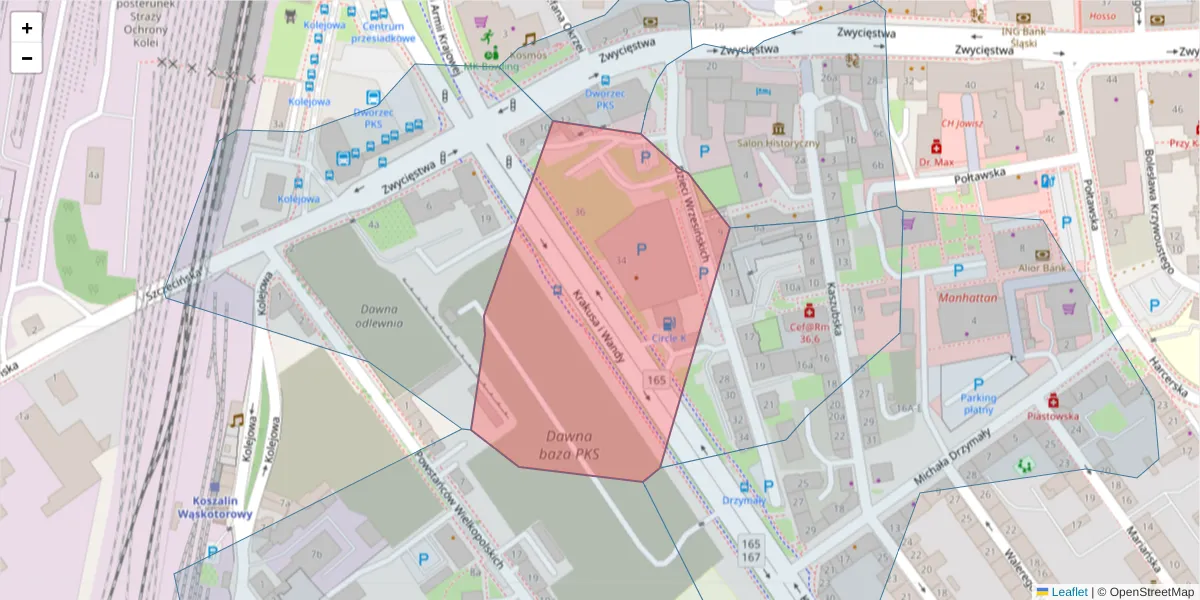 Szczegółowa mapa kodu pocztowego 75-032 z granicami, sąsiednimi kodami pocztowymi i urzędami pocztowymi