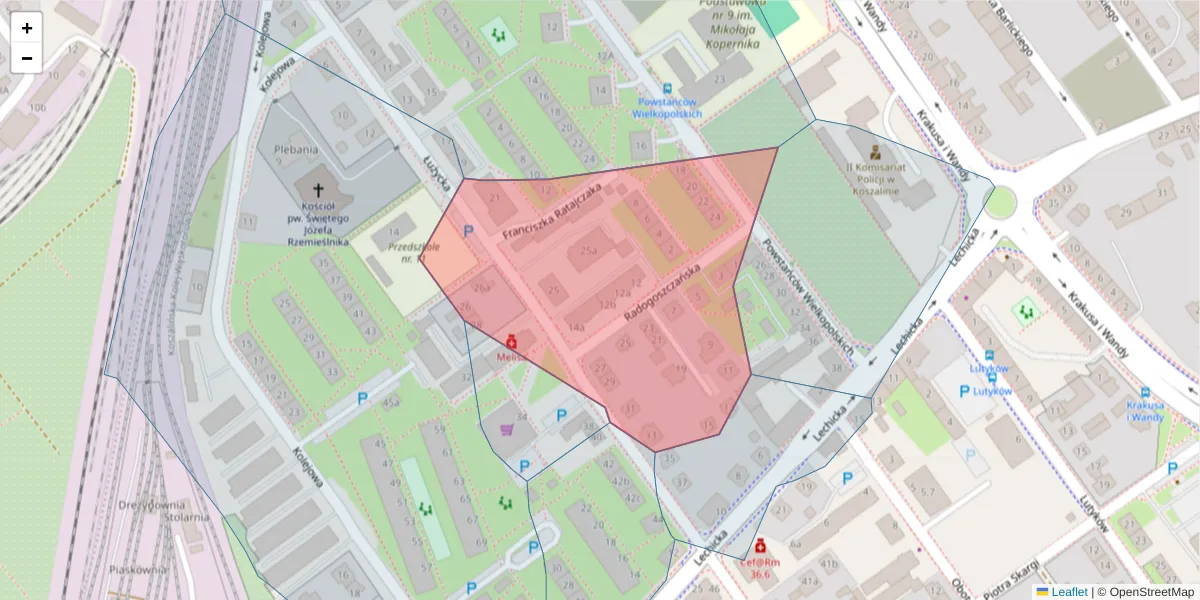 Szczegółowa mapa kodu pocztowego 75-106 z granicami, sąsiednimi kodami pocztowymi i urzędami pocztowymi