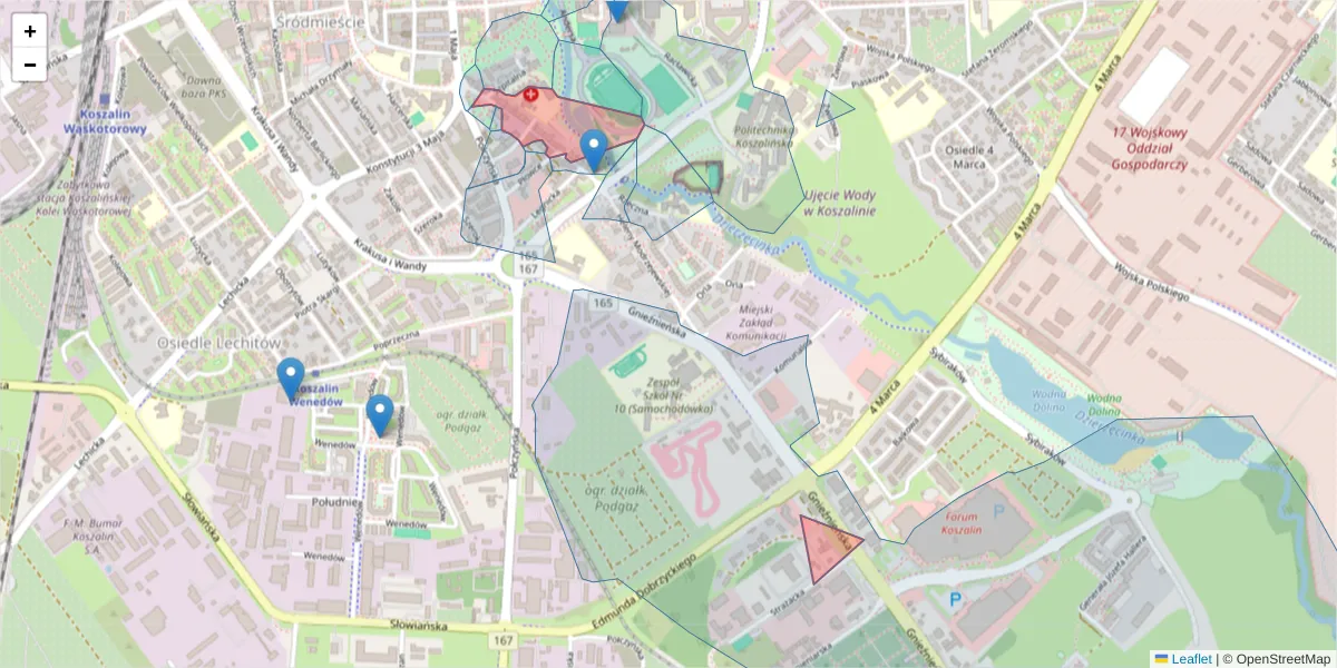 Szczegółowa mapa kodu pocztowego 75-721 z granicami, sąsiednimi kodami pocztowymi i urzędami pocztowymi
