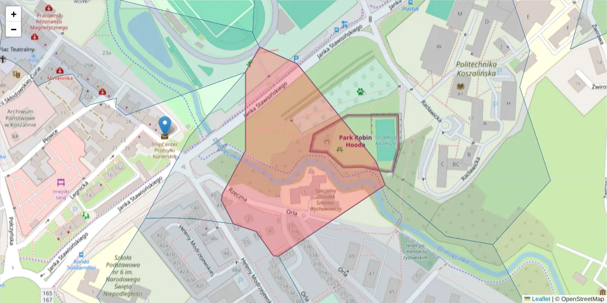 Szczegółowa mapa kodu pocztowego 75-724 z granicami, sąsiednimi kodami pocztowymi i urzędami pocztowymi
