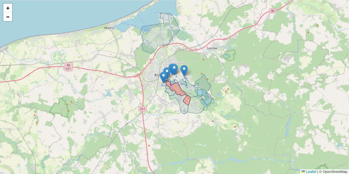 Szczegółowa mapa kodu pocztowego 75-736 z granicami, sąsiednimi kodami pocztowymi i urzędami pocztowymi