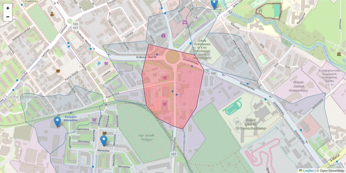 Szczegółowa mapa kodu pocztowego 75-824 z granicami, sąsiednimi kodami pocztowymi i urzędami pocztowymi