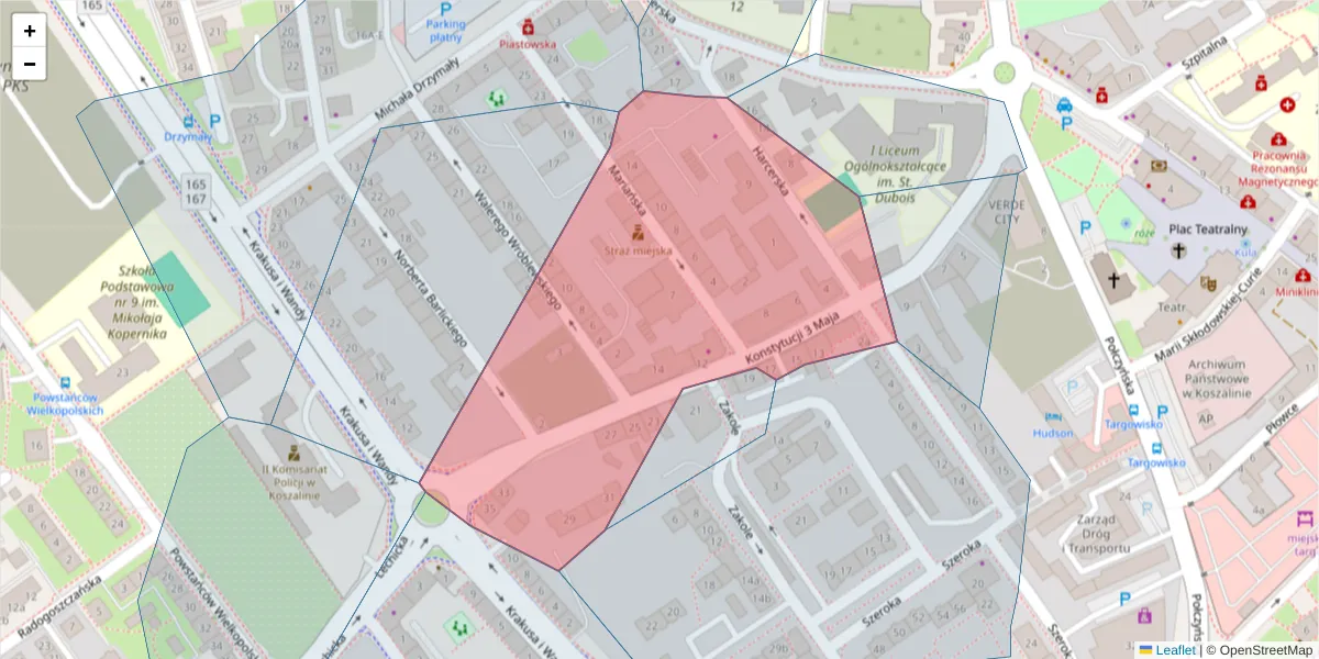 Szczegółowa mapa kodu pocztowego 75-827 z granicami, sąsiednimi kodami pocztowymi i urzędami pocztowymi