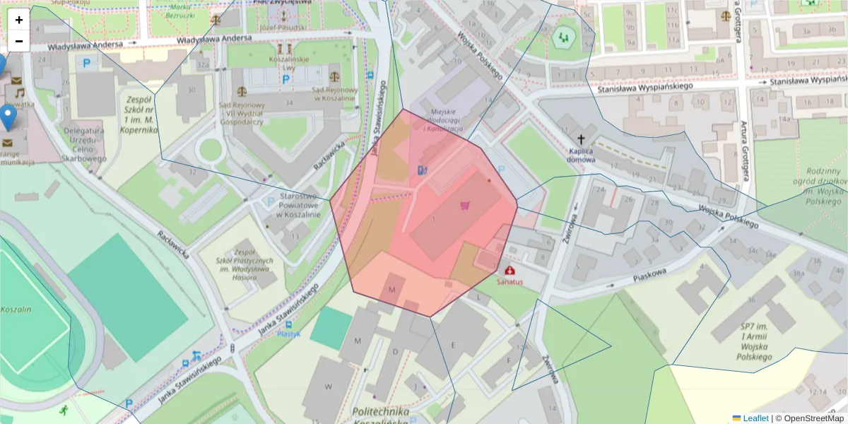 Szczegółowa mapa kodu pocztowego 75-850 z granicami, sąsiednimi kodami pocztowymi i urzędami pocztowymi