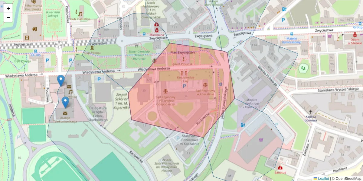 Szczegółowa mapa kodu pocztowego 75-950 z granicami, sąsiednimi kodami pocztowymi i urzędami pocztowymi