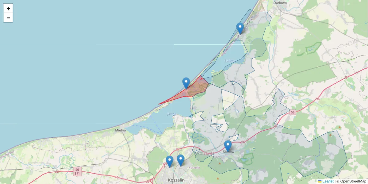 Szczegółowa mapa kodu pocztowego 76-002 z granicami, sąsiednimi kodami pocztowymi i urzędami pocztowymi