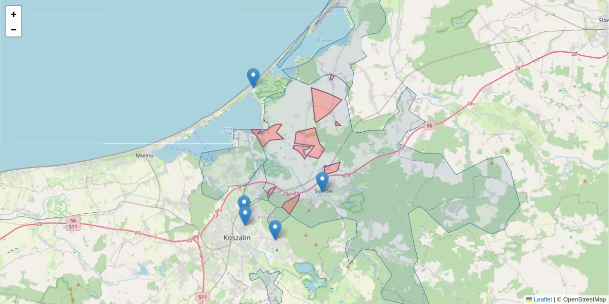 Szczegółowa mapa kodu pocztowego 76-003 z granicami, sąsiednimi kodami pocztowymi i urzędami pocztowymi