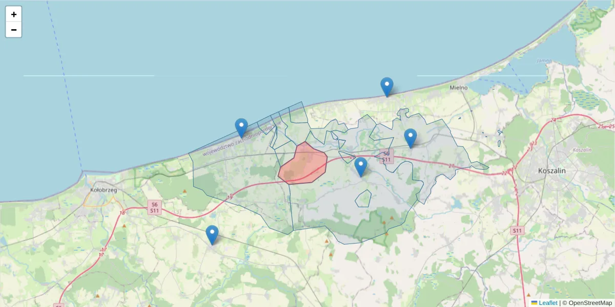 Szczegółowa mapa kodu pocztowego 76-035 z granicami, sąsiednimi kodami pocztowymi i urzędami pocztowymi
