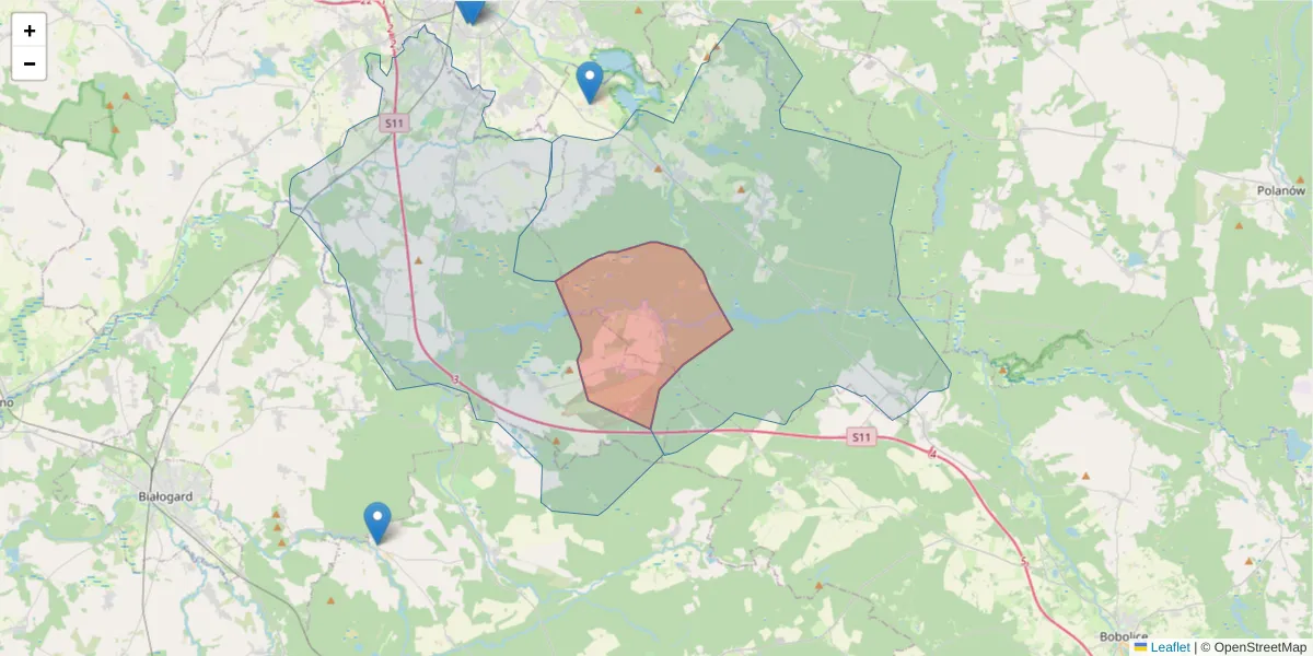 Szczegółowa mapa kodu pocztowego 76-042 z granicami, sąsiednimi kodami pocztowymi i urzędami pocztowymi