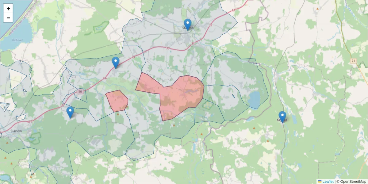 Szczegółowa mapa kodu pocztowego 76-129 z granicami, sąsiednimi kodami pocztowymi i urzędami pocztowymi