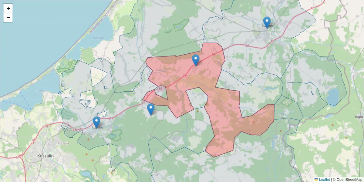 Szczegółowa mapa kodu pocztowego 76-142 z granicami, sąsiednimi kodami pocztowymi i urzędami pocztowymi