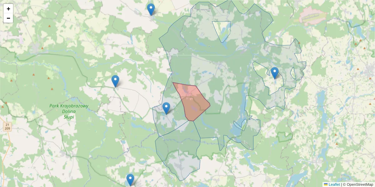 Szczegółowa mapa kodu pocztowego 77-115 z granicami, sąsiednimi kodami pocztowymi i urzędami pocztowymi