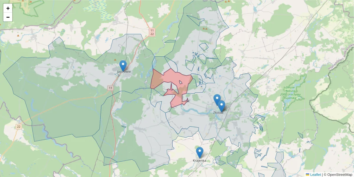 Szczegółowa mapa kodu pocztowego 77-404 z granicami, sąsiednimi kodami pocztowymi i urzędami pocztowymi