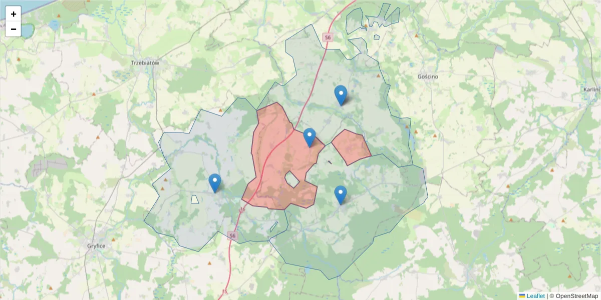 Szczegółowa mapa kodu pocztowego 78-124 z granicami, sąsiednimi kodami pocztowymi i urzędami pocztowymi