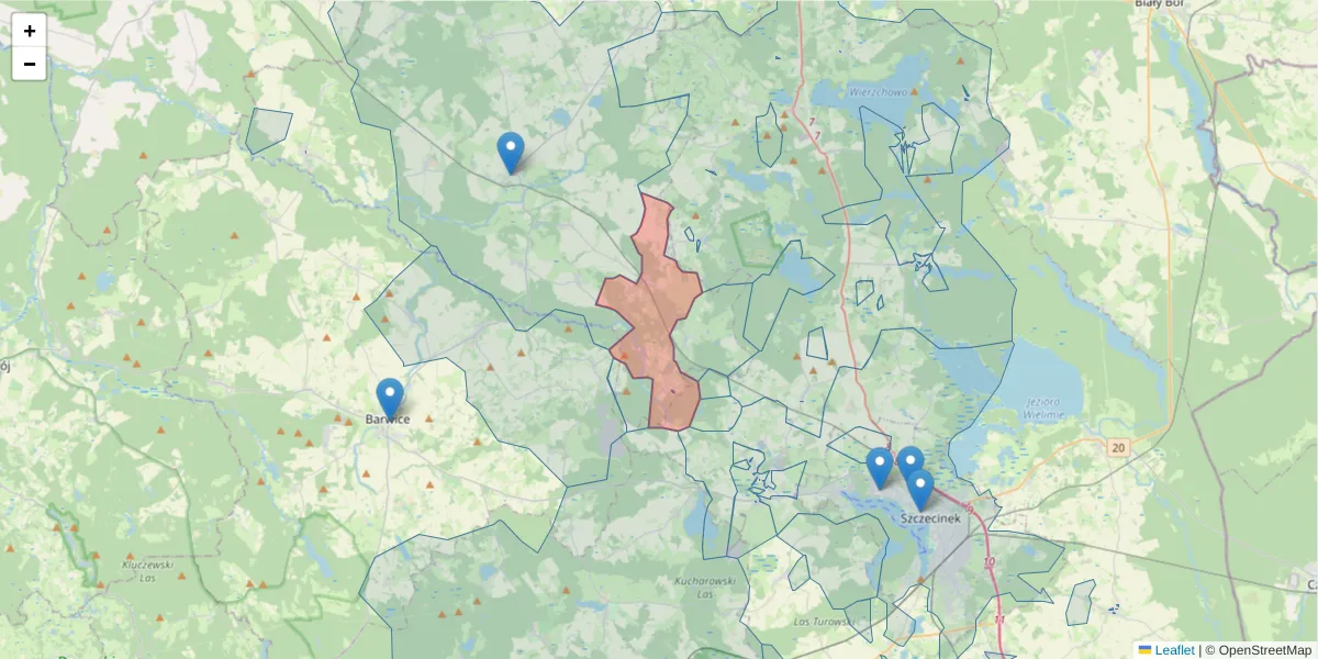 Szczegółowa mapa kodu pocztowego 78-451 z granicami, sąsiednimi kodami pocztowymi i urzędami pocztowymi