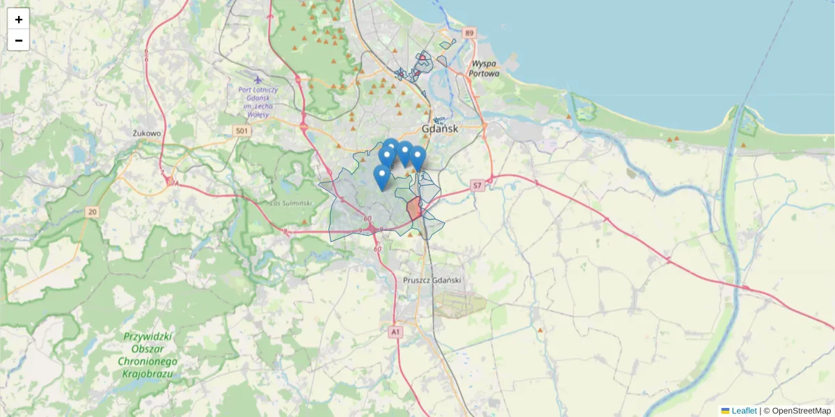 Szczegółowa mapa kodu pocztowego 80-001 z granicami, sąsiednimi kodami pocztowymi i urzędami pocztowymi