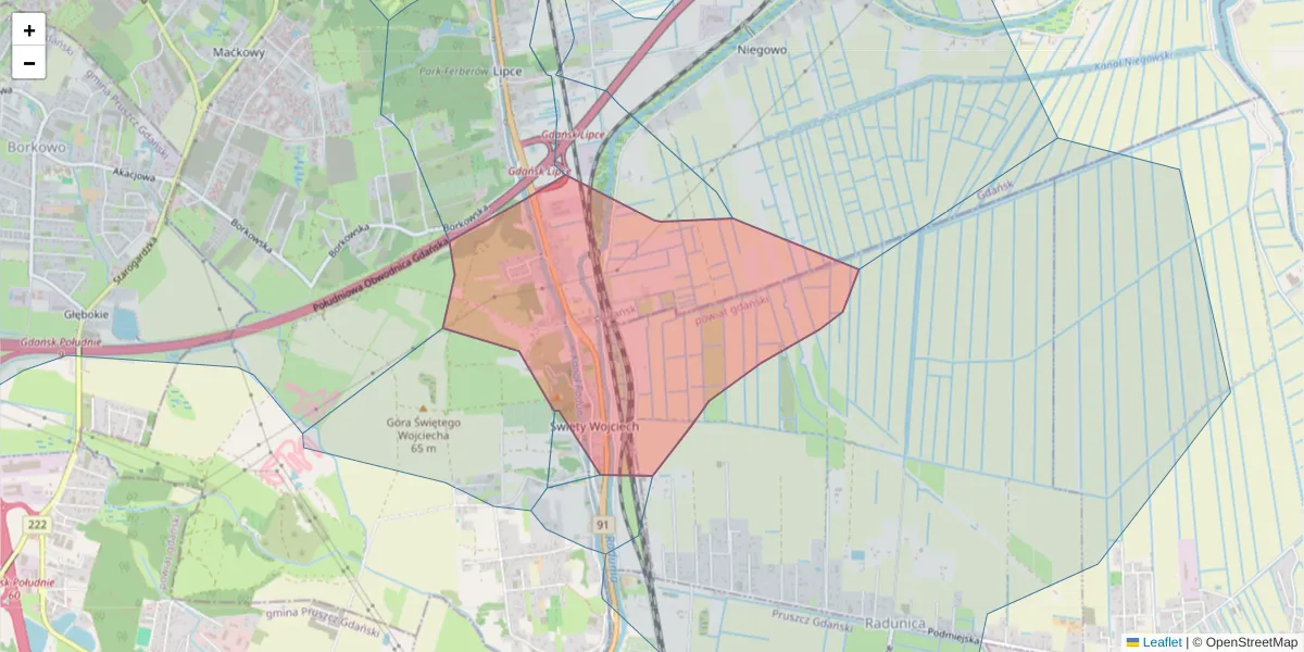 Szczegółowa mapa kodu pocztowego 80-007 z granicami, sąsiednimi kodami pocztowymi i urzędami pocztowymi